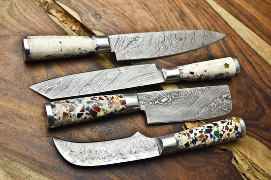 Exclusive Lot of 4 Handmade Damascus Steel Chef Knife Set – 384-Layer Forged Blades