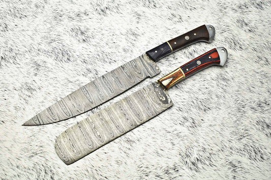 Exclusive Pair of Handmade Hammered Damascus Steel Chef Knives, 12” to 13” Blades