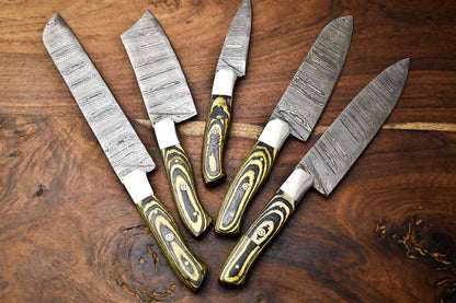 Exclusive Set of 5 Handmade Hammered Damascus Steel Chef Knives – 384 Layer Forged Blades