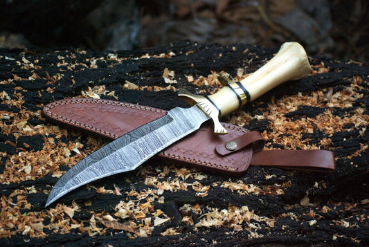 Exotic Camel Bone Damascus Steel Bowie Knife – 8" Clip Point Blade with Leather Sheath | Heritage Forge