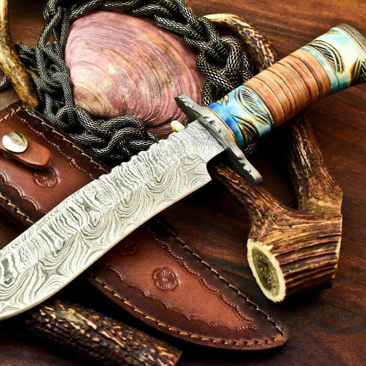 Falcon 11.5 Inch Damascus Bowie Hunting Knife | Camel Bone Handle