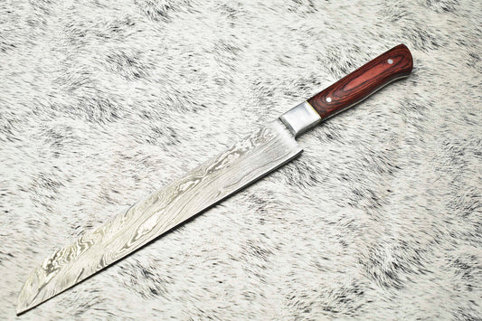Fine Custom Handmade Damascus Steel Blade Chef Knife – 14" Overall, 9" Blade, Full Tang Sport Knife with Leather Sheath