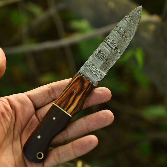 Fire Pattern Damascus Skinner Knife Rosewood PakkaWood Handle Fixed Blade