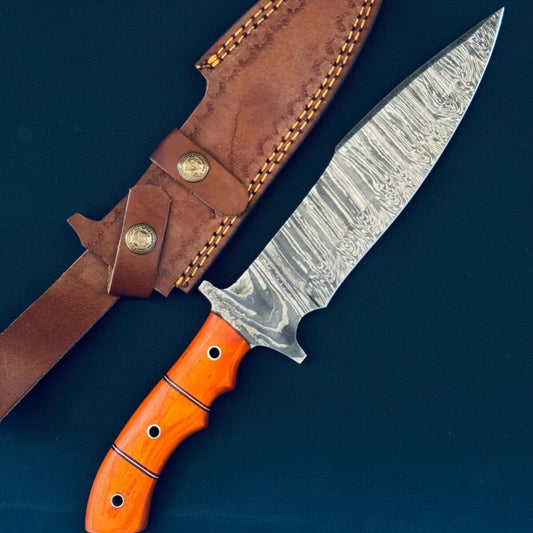 Fire Storm Damascus Steel Bowie Knife with Wood Handle for Hunting and Camping
