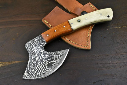 Fixed Blade Damascus Steel Hunting Axe Knife Camel Bone Handle Clever Chopper with Leather Sheath