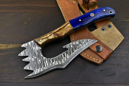 Fixed Blade Damascus Steel Hunting Axe Knife Hard Wood Handle Clever Chopper with Leather Sheath