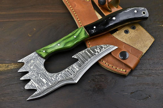 Fixed Blade Damascus Steel Hunting Axe Knife Ram's Horn Handle Clever Chopper with Leather Sheath