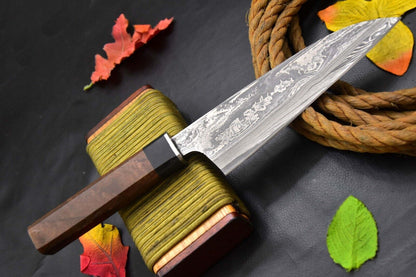 Fixed Blade Handmade Damascus Steel Chef Knife – Walnut & Horn Handle, Full Tang