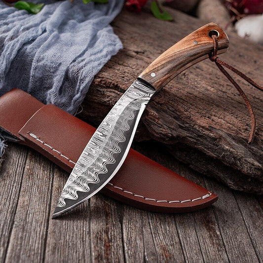 Fixed Blade Hunting Knife with Wooden Handle and Damascus Pattern Kitchen Knife with Sheath