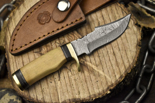 Forged 6 Inch Skinner Knife Twist Damascus Bone Handle Brass Guard Razor Sharp w/ Leather Sheath