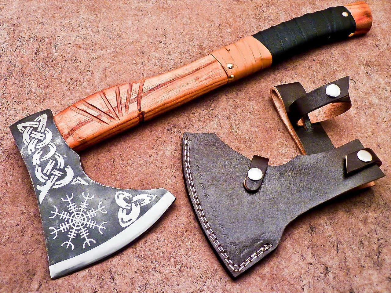 Forged Carbon Steel Viking Bearded Camping Axe with Rose Wood Shaft and Leather Sheath
