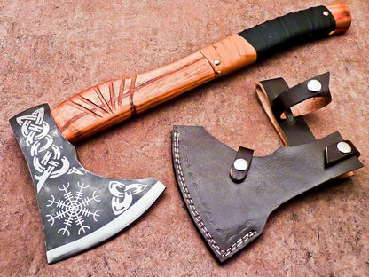 Forged Carbon Steel Viking Bearded Camping Axe with Rose Wood Shaft and Leather Sheath