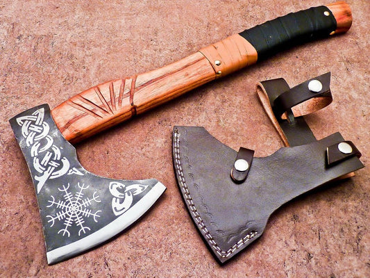 Forged Carbon Steel Viking Bearded Camping Axe with Rose Wood Shaft and Leather Sheath