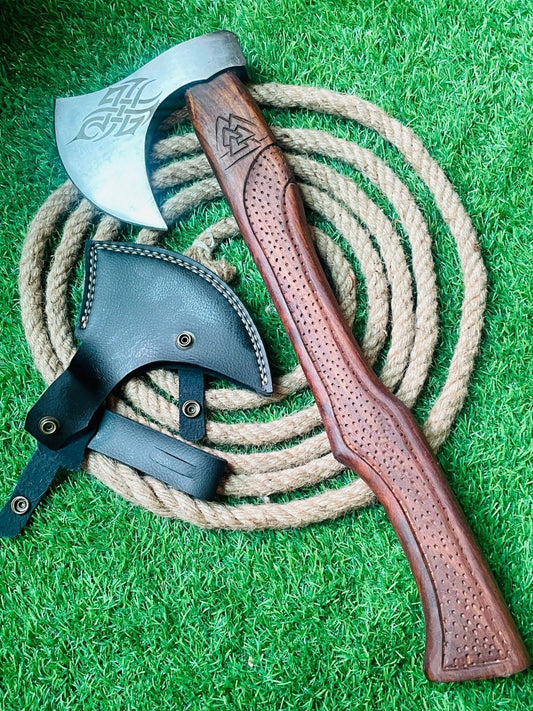 Hand Forged Carbon Steel Viking Bearded Tomahawk Axe with Wooden Handle 24 Inch