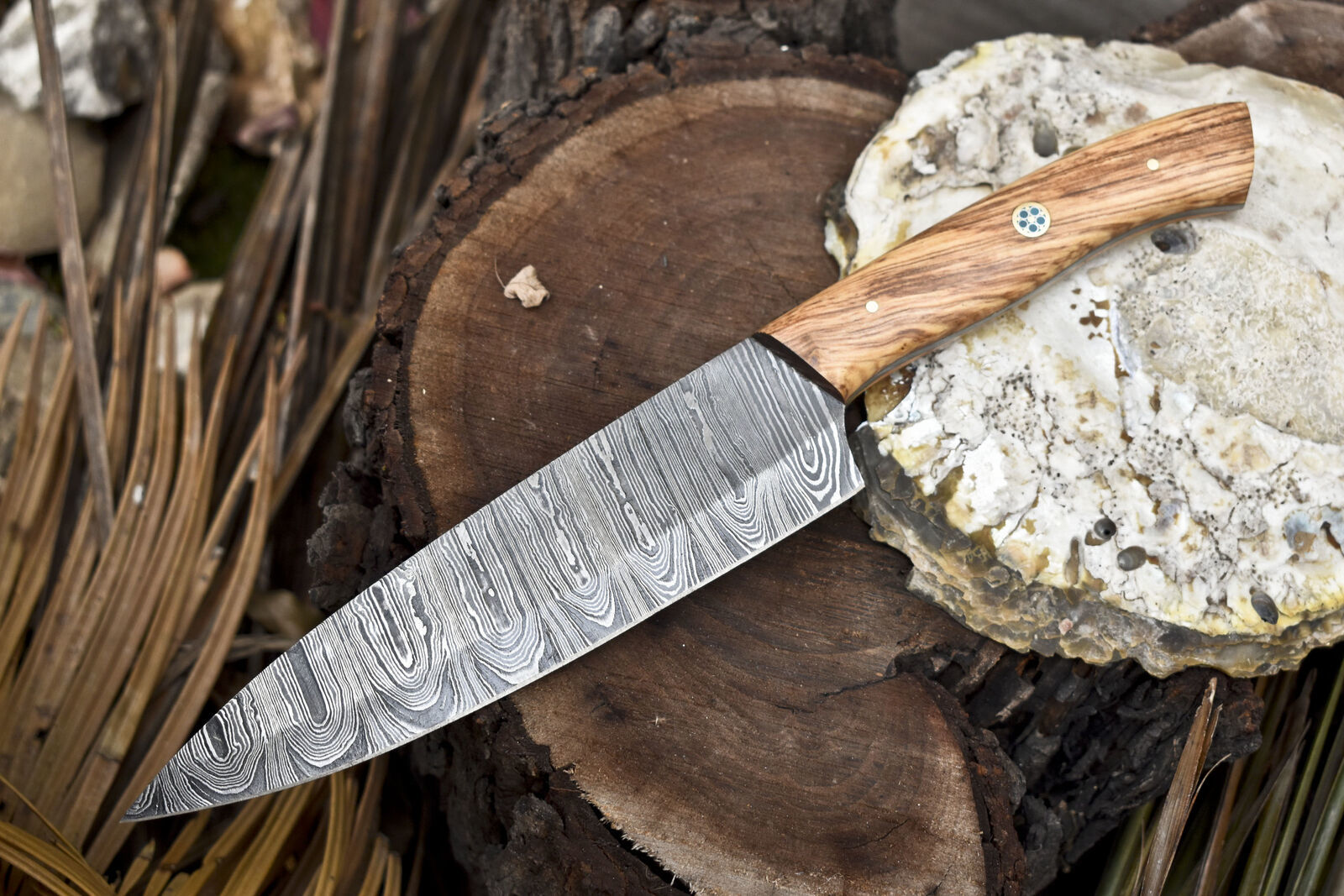 Forged Chef Knife B-Ring Damascus Olive Wood Camping Collectible
