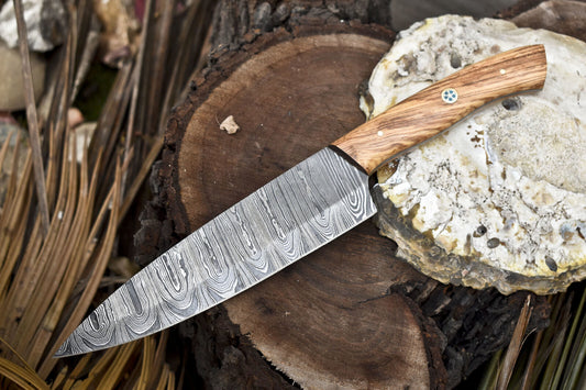Forged Chef Knife B-Ring Damascus Olive Wood Camping Collectible