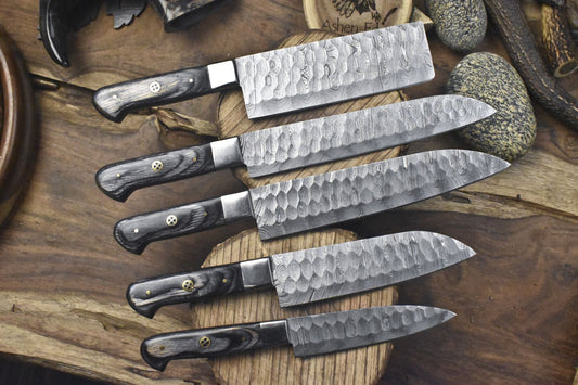 Forged Chef Knife Set – Lot of 5 Twist Damascus Steel Knives with Hardwood Handles, Camping & Kitchen Use