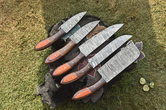 Forged Chef Knife Set Twist Damascus Steel with Hard Wood Handles – Lot of 5 Everyday Carry Knives