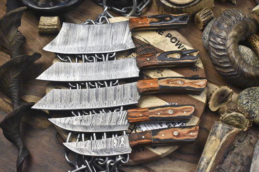 Forged Chef Knife Set – Twist Damascus Steel with Hardwood Handles, Lot of 5