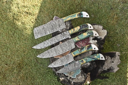 Forged Chef Knife Set Twist Damascus Steel with Micarta Handles – Lot of 5 Hiking Knives Razor Sharp