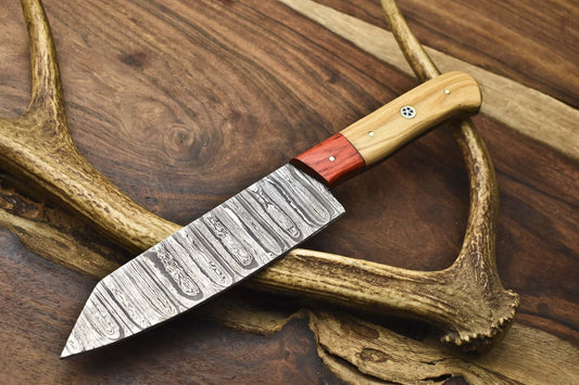 Forged Chef Knife Twist Damascus Steel with Olive Wood Handle & Wooden Bolster – Collectible EDC