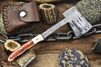 Forged Clever Chopper Axe Knife Ladder Damascus Hard Wood Hunter with Leather Sheath