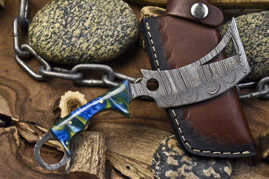 Forged Clever Chopper Axe Knife Twist Damascus Micarta Camping Unique with Leather Sheath