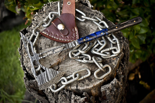 Forged Clever Chopper Axe Knife Twist Damascus Mixed Material with Leather Sheath