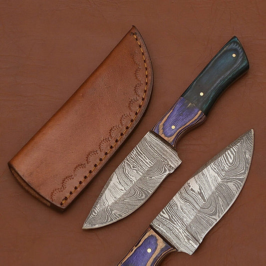 Forged Damascus Camping Knife with Wood Handle and Leather Sheath