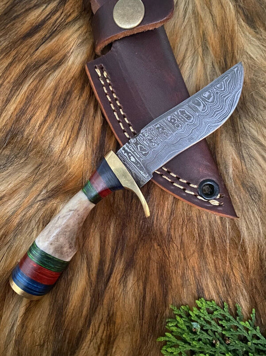 Forged Damascus Hunting Knife Stag Handle with Brass Guard and Leather Sheath