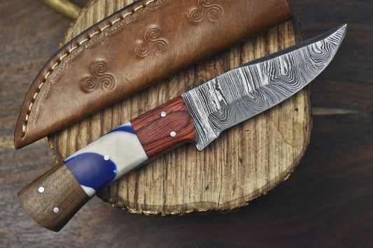 Forged Damascus Skinner Knife Twist Pattern with Corain Handle & Wooden Bolster – EDC Rare Blade
