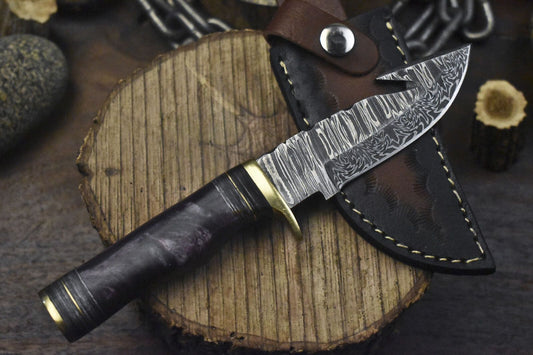 Forged Damascus Skinner Knife with Gut Hook Twist Pattern Micarta Handle Hunting Blade