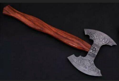 Forged Damascus Steel Double Head Tomahawk Axe Full Tang Hatchet with Leather Sheath