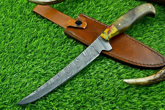  Forged Damascus Steel Fillet Knife – Custom Kitchen Chef Knife with Resin & Natural Wood Handle