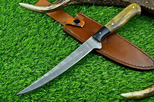  Forged Damascus Steel Fillet Knife – Handmade Kitchen Chef Knife with Resin & Natural Wood Handle, 11.5" Blade