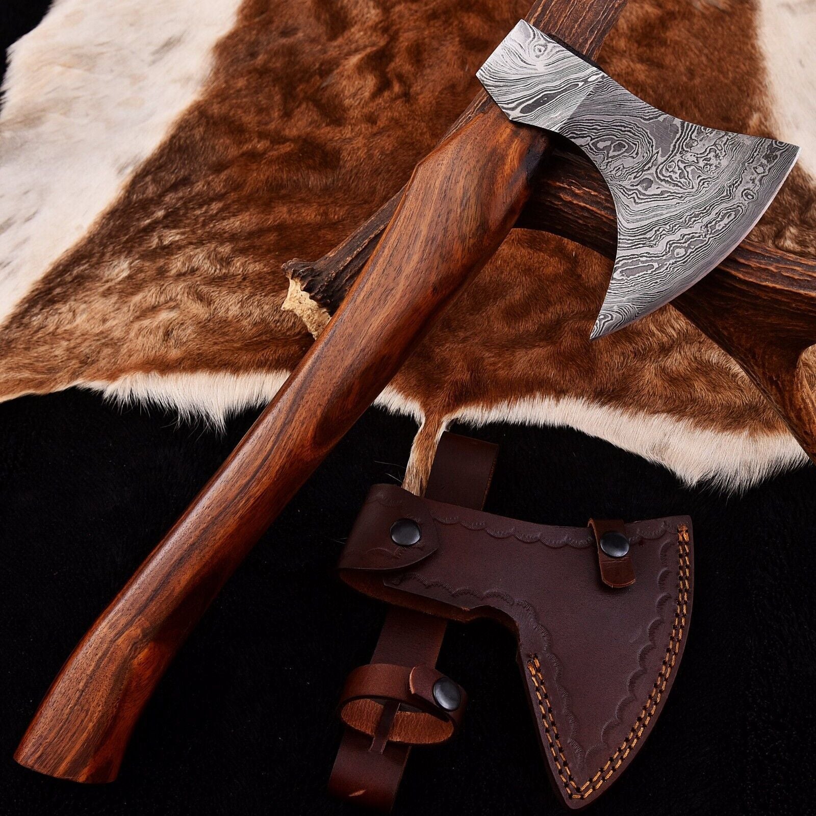 Custom Hand Forged Damascus Steel Viking Bearded Camping Hatchet Tomahawk Axe with Natural Wood Handle and Leather Sheath