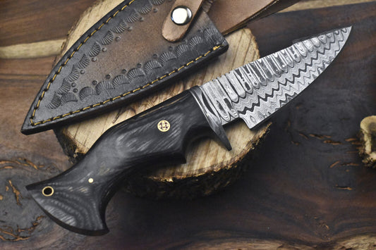 Forged Hunting Skinner Knife with Ladder Damascus Blade and Hard Wood Handle – Handmade Fixed Blade Hunting Knife