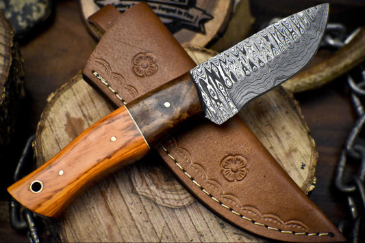 Forged Ladder Damascus Skinner Knife 8" Hardwood Handle Outdoor Hunting Blade