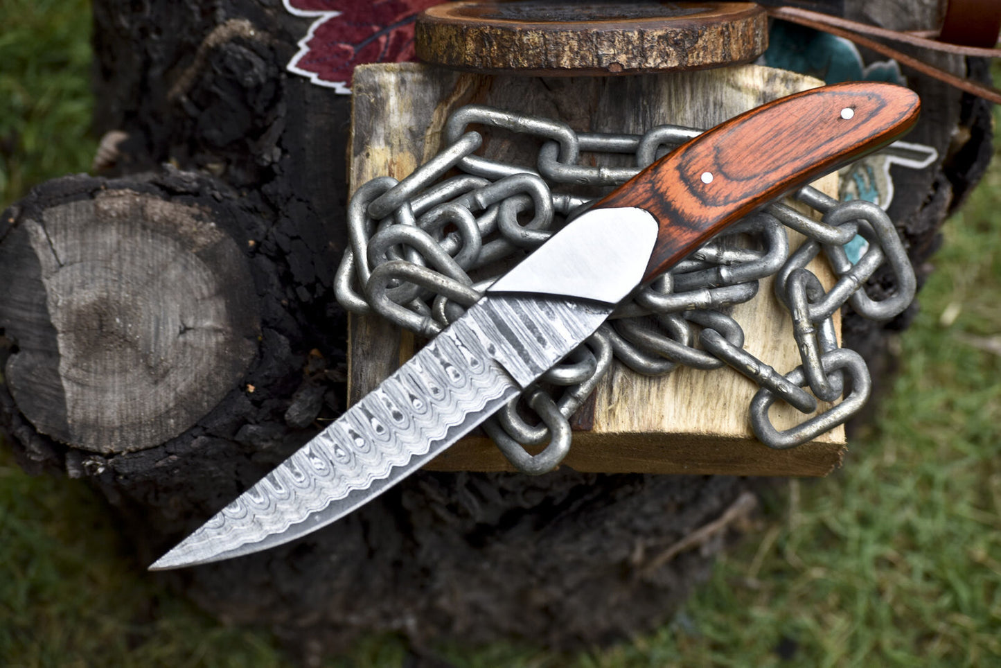 Forged Ladder Damascus Skinner Knife with Hard Wood Handle and Steel Bolster 10 Inch EDC