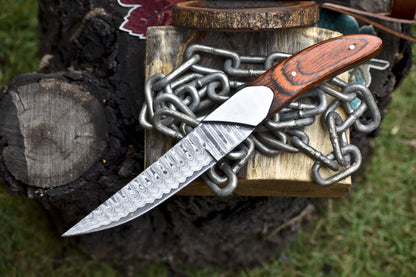 Forged Ladder Damascus Skinner Knife with Hard Wood Handle and Steel Bolster 10 Inch EDC