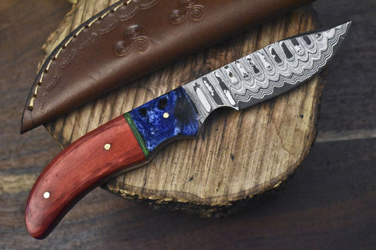 Forged Ladder Damascus Skinner Knife with Hardwood Handle and Micarta Bolster