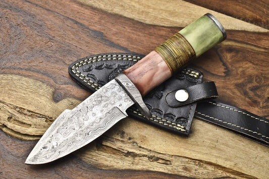 Forged Rain Drop Damascus Skinner Knife – Camel Bone & Wood Handle with Leather Sheath