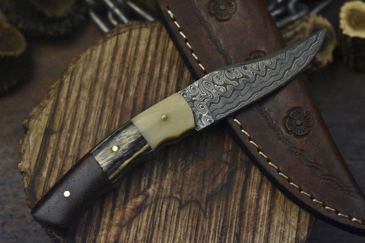Forged Rain Drop Damascus Skinner Knife with Hard Wood Handle for Outdoor Hunting