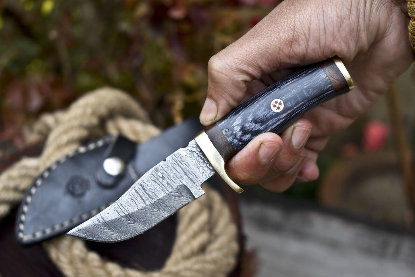 Forged Skinner Knife Damascus Ash Wood Brass Guard Military Collectible w/ Leather Sheath