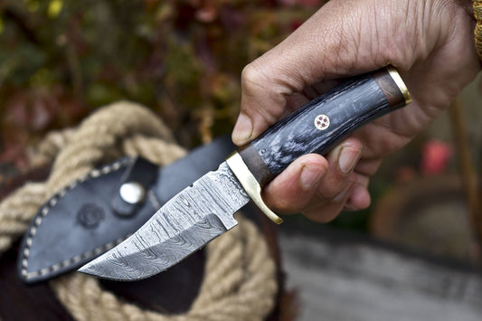 Forged Skinner Knife Damascus Ash Wood Brass Guard Military Collectible w/ Leather Sheath
