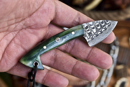 Forged Skinner Knife Ladder Damascus Bone Miniature Fishing Knife w/ Leather Sheath Handmade Rare