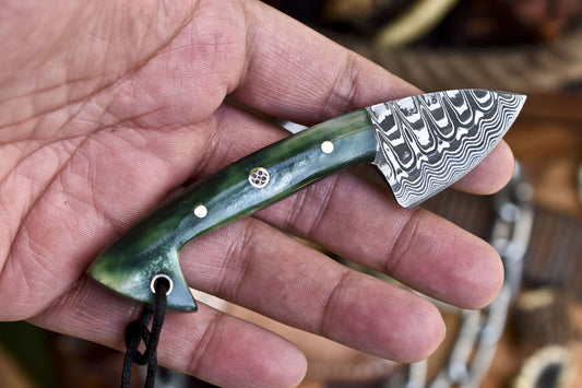 Forged Skinner Knife Ladder Damascus Bone Miniature Fishing Knife w/ Leather Sheath Handmade Rare