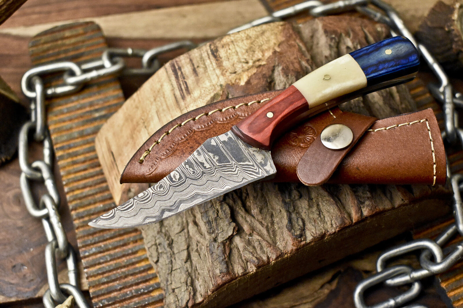 Forged Skinner Knife Ladder Damascus Bone and Wood Wooden Bolster Survival w/ Leather Sheath