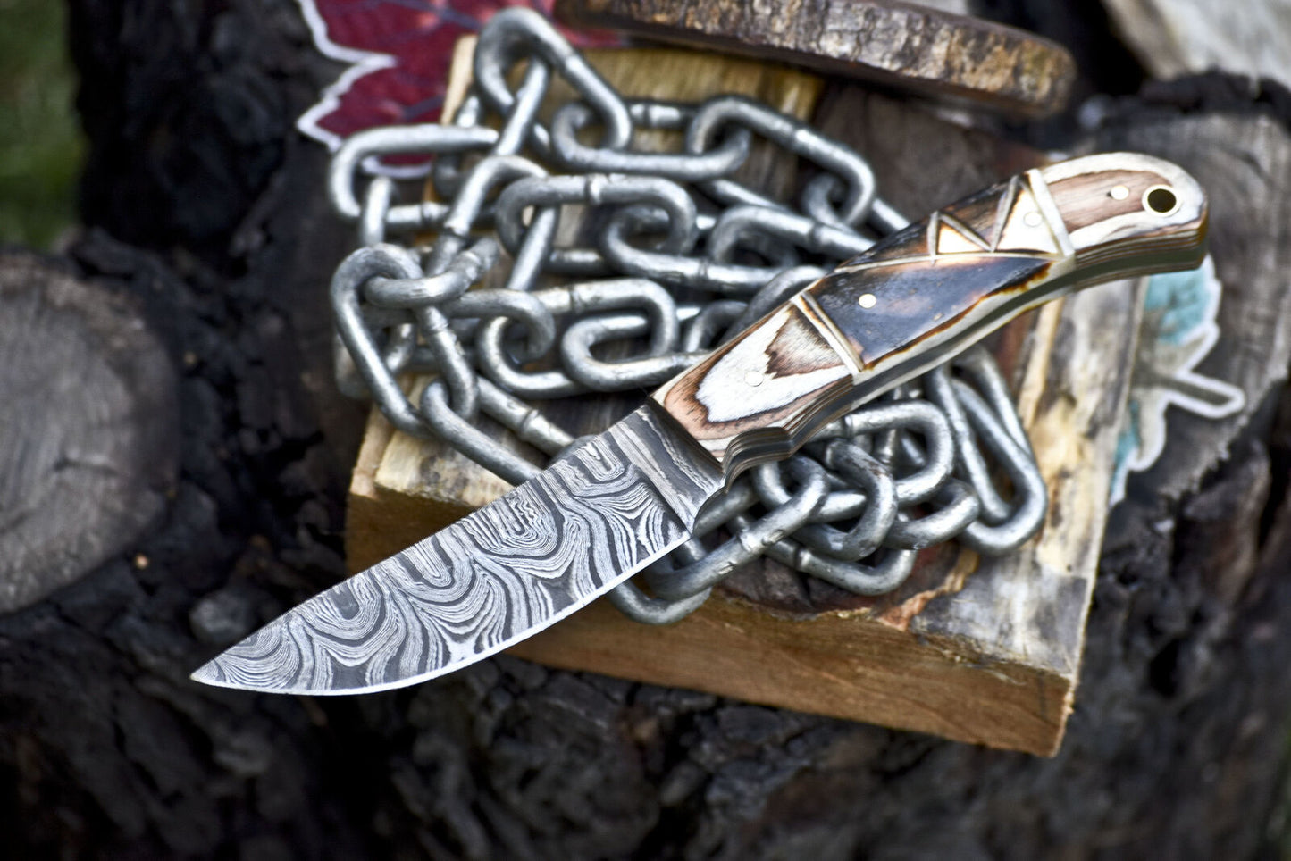 Forged Skinner Knife Twist Damascus Bone Handle Wooden Bolster Camping Knife