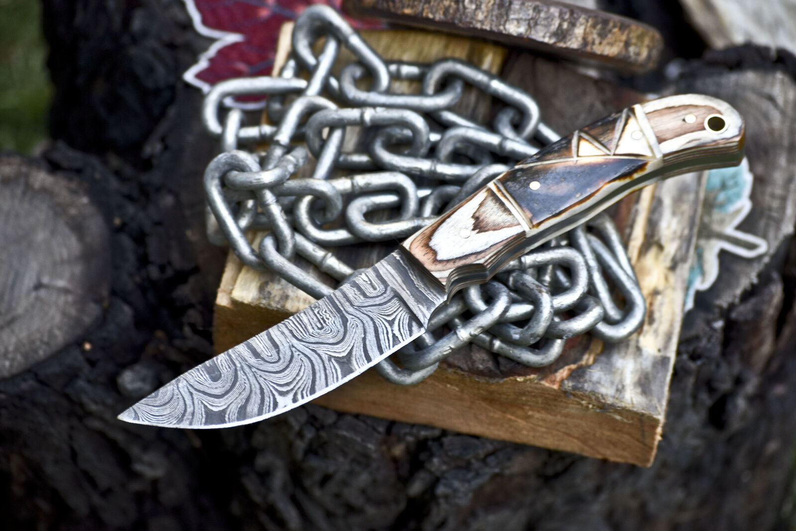 Forged Skinner Knife Twist Damascus Bone Handle Wooden Bolster Camping Knife